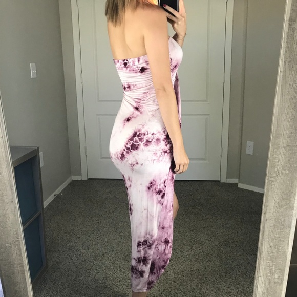 -Pink Tie Dye Strapless Wrap Dress- - Picture 4 of 4